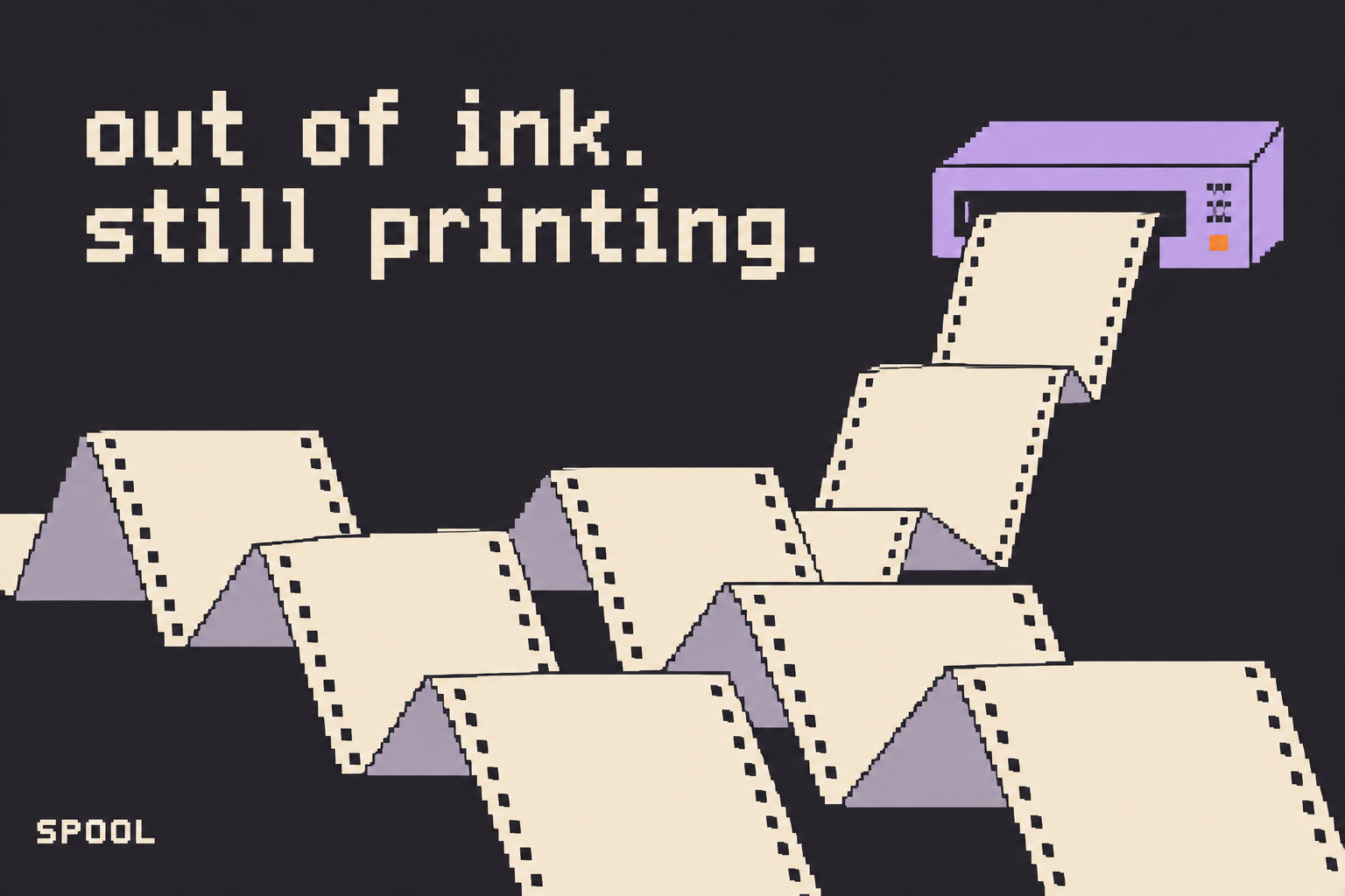 Lavender pixel printer with a long folded trail of continuous paper